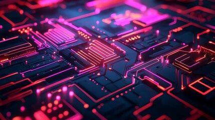 Obraz premium A computer circuit glows with vibrant red and pink lights. The circuit board emits a colorful, illuminated pattern.