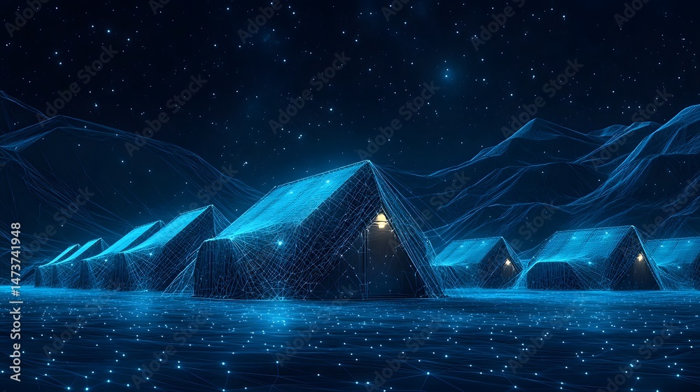 Aufkleber futuristic campsite with glowing tents nestled in a wireframe landscape under a starry night. a digi