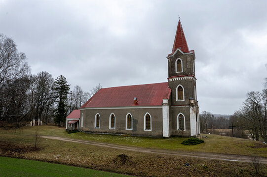 Lutheran Gothic church in Sece, Latvia. Aerial view in autumn