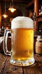 A glass of beer is sitting on a wooden table