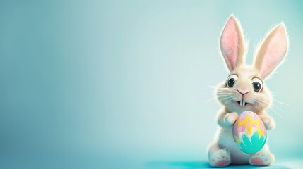 Obraz premium A cute cartoon rabbit holds a colorful Easter egg in front of a clean background. The Easter egg is decorated with various patterns and vivid colors.