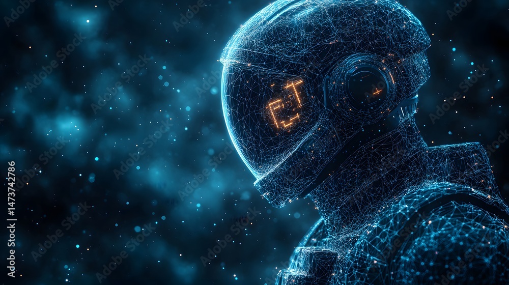 Fototapete futuristic digital astronaut with a blue wireframe design against a dark cosmic background filled wi