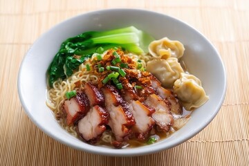 Fototapeta premium Egg noodle with red roasted pork and wonton
