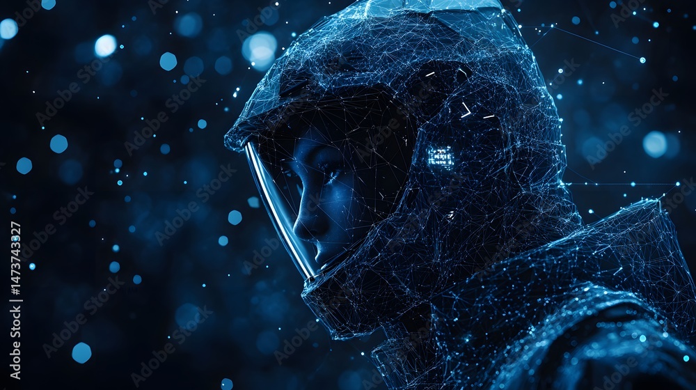 Leinwandbilder Futuristic astronaut with a networked helmet, showcasing digital tech. Glowing numeric display adds to the cold, futuristic ambiance in a dark, bokeh background. Abstract wireframe in dark blue