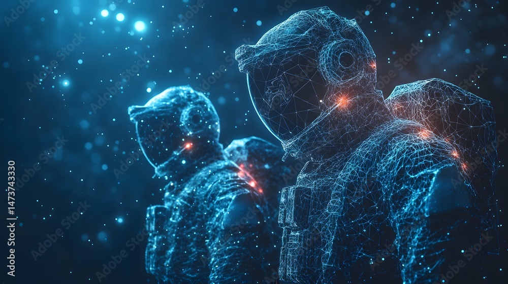 Aufkleber astronauts float amidst a nebula of digital stardust. glowing blue wireframe suits define them again