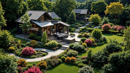 Serene Modern Home Surrounded by Lush Green Garden Landscape
