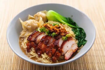 Fototapeta premium Egg noodle with red roasted pork and wonton