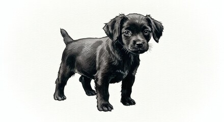 Adorable black puppy stares curiously forward