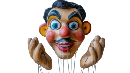 A painted marionette clown with a big smile and colorful clothes. transparent PNG