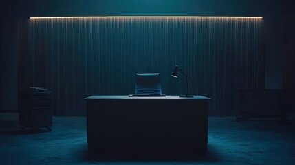 A dark room with a desk, chair, and lamp.