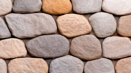 A close-up view of a stone wall made of neatly arranged, smooth, and rounded stones in various earth tones.