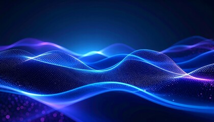Abstract Blue Wave Digital Art: Glowing Neon Particle Landscape