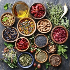 Fototapeta premium Assorted spices and herbs in small bowls on a wooden surface