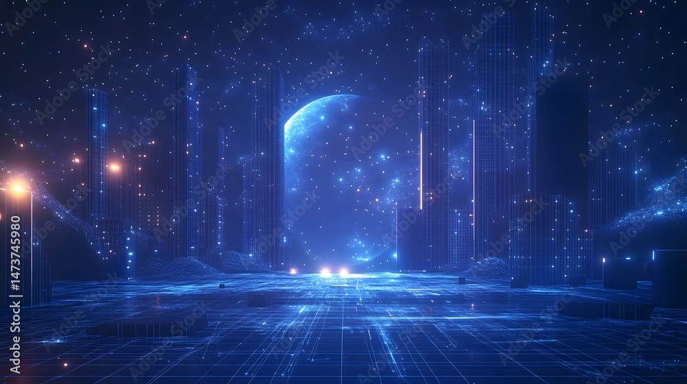 Aufkleber futuristic cityscape under a starry sky. digital architecture and cosmic wonder blend, with wirefram