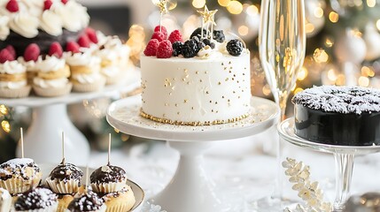 Fototapeta premium Table full of desserts including a white cake with raspberries