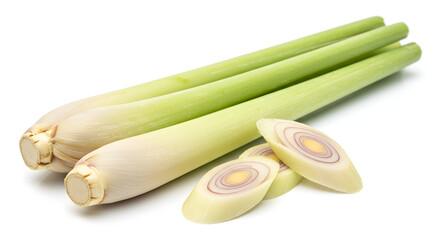 Fresh Lemongrass Stalks and Slices on White Background