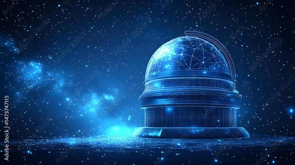 Poster digital observatory concept featuring a wireframe dome under a starry sky. great for science, techno