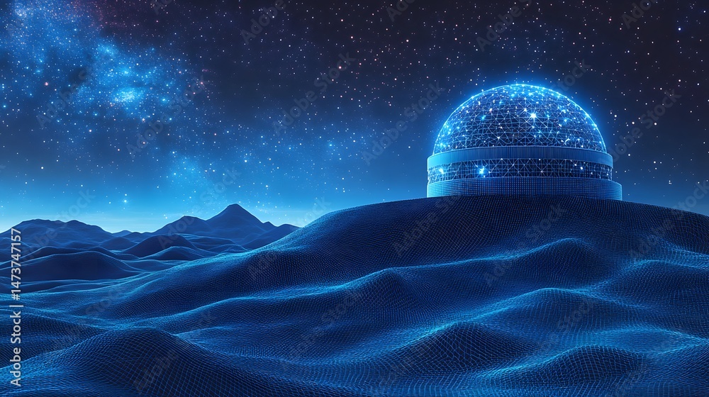 Poster futuristic landscape with wireframe terrain and a glowing dome observatory under a starry sky. advan