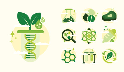 Biotechnology and scientific research concept. Includes components such as plants, DNA, molecules, test tubes, syringes. Medicals production and bioengineering. Web banner template, flat vector design
