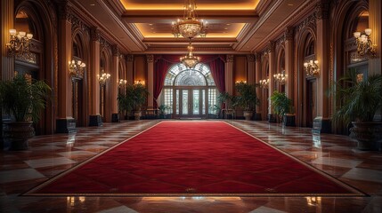 Fototapeta premium Crimson carpets cover the floors of a grand ballroom, their rich color and soft texture creating an atmosphere of elegance and luxury for dancers and guests