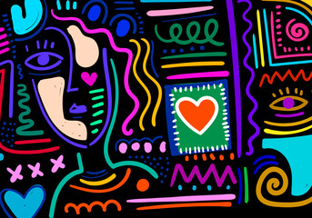 A minimalist abstract line drawing of three human faces in profile, created with flowing, continuous black lines on a white background.