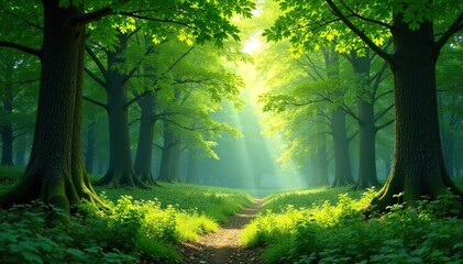 Fototapeta premium Serene forest background, lush green canopy, dappled sunlight, tranquil nature scene , green, peaceful
