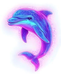 Naklejka premium A stunning illustration of a majestic dolphin in vibrant shades of blue and purple, gracefully leaping through a luminescent aquatic environment.