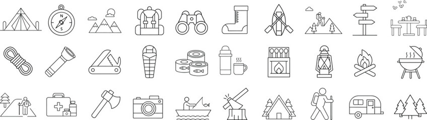 camping and outdoor recreation adventure outline icon set