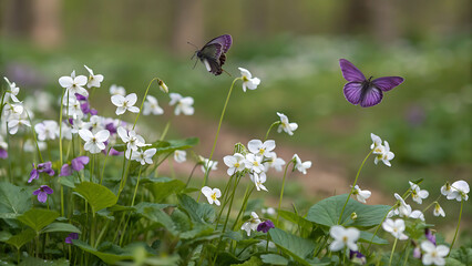 A vibrant meadow on the first day of spring, with colorful wildflowers blooming, butterflies fluttering, and the sun shining brightly over the fresh green grass