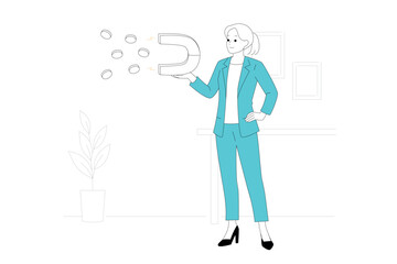 Dynamic businesswoman using a magnet to attract coins, symbolizing her drive for corporate success