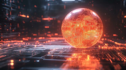 Obraz premium A computer chip is prominently displayed with a glowing globe resting on its surface. The image suggests a fusion of technology and perhaps a representation of the world.