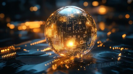 The photo depicts a globe overlaid with intricate circuit patterns. It appears to be a visualization of global connections through circuitry.