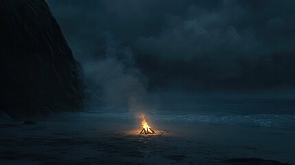 Fototapeta premium Nighttime beach fire, dark cliffs, ocean waves.