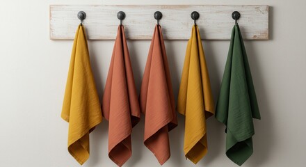Five Linen Tea Towels Hanging on a White Wooden Rack; Autumnal Colors Kitchen Linen Set