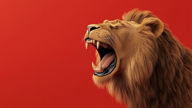 A lion roars, displaying its teeth against a vibrant red backdrop. The image captures a powerful and intense moment of the animal’s expression.