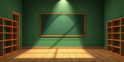 Serene classroom interior with empty wooden shelves and a blank chalkboard illuminated by sunlight