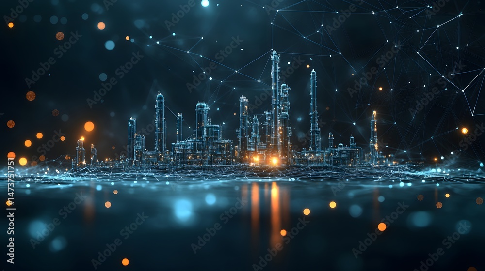 Poster Futuristic cityscape at night with glowing neon blue buildings and interconnected networks. A reflective surface mirrors the lights, creating depth. Abstract wireframe in dark blue