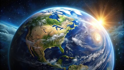 Obraz premium Stunning view of earth from space depicting north america with sun flare and clouds