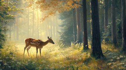Fototapeta premium A Spotted Fawn in a Misty Forest Clearing