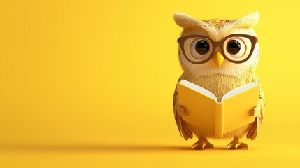 An owl is depicted reading a book while wearing glasses. It’s a charming and unexpected scene.