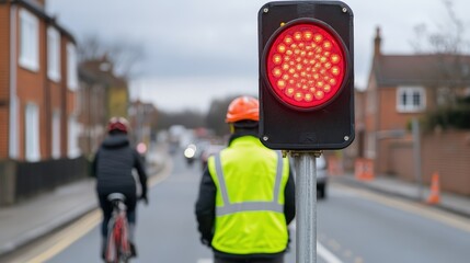A red traffic light stops vehicles and cyclists on a city street, with a worker in a high-visibility vest and helmet nearby.