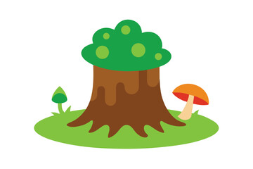 Tree Stump with Vibrant Green Moss and Mushrooms 