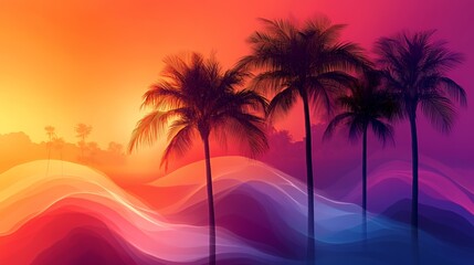 Vibrant sunset silhouette of palm trees against a colorful wave background.