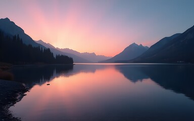 Fototapeta premium Serene Sunset Reflection Over Calm Lake And Mountains. High quality
