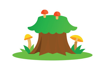 Tree Stump with Vibrant Green Moss and Mushrooms 