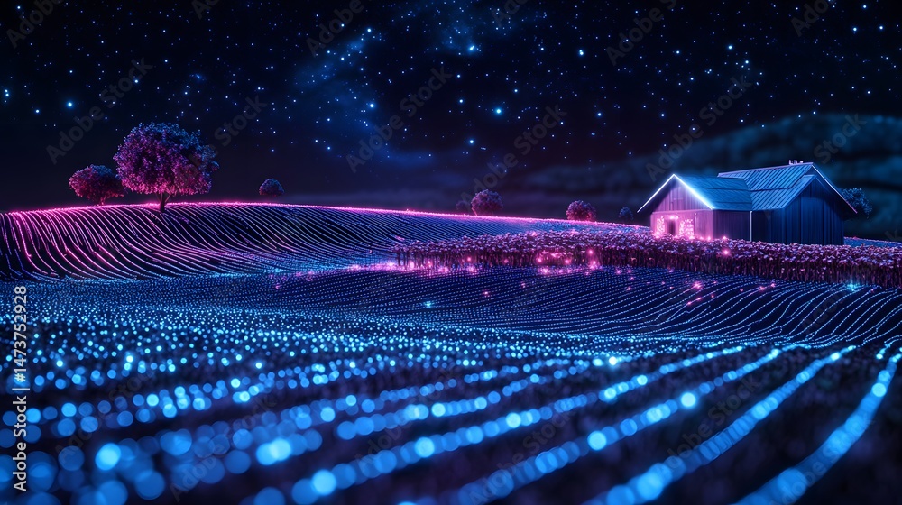 Poster dreamlike rural nightscape features glowing fields and hills under a starry sky. blue and pink light