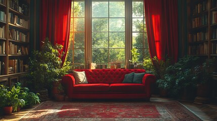 Crimson velvet drapes elegantly across a grand window, its rich texture adding a touch of luxury and opulence to the room, a symbol of comfort and refinement