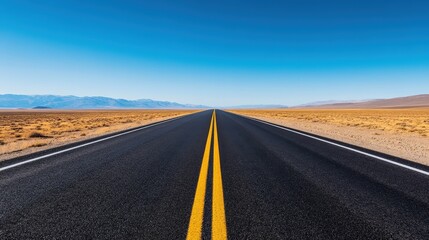Naklejka premium A long, empty road stretches into the desert under a clear blue sky, with mountains visible in the distant background.