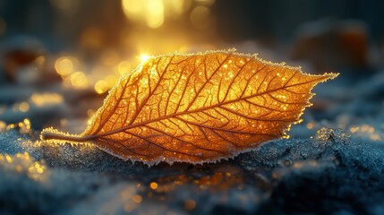 Delicate frost crystals form intricate patterns on a fallen leaf, transforming it into a temporary work of art on a cold autumn morning