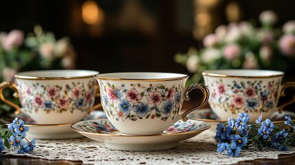 Fototapeta premium Delicate porcelain teacups adorned with intricate floral patterns sit on a lace-covered table, waiting for a gathering The scene is elegant and refined